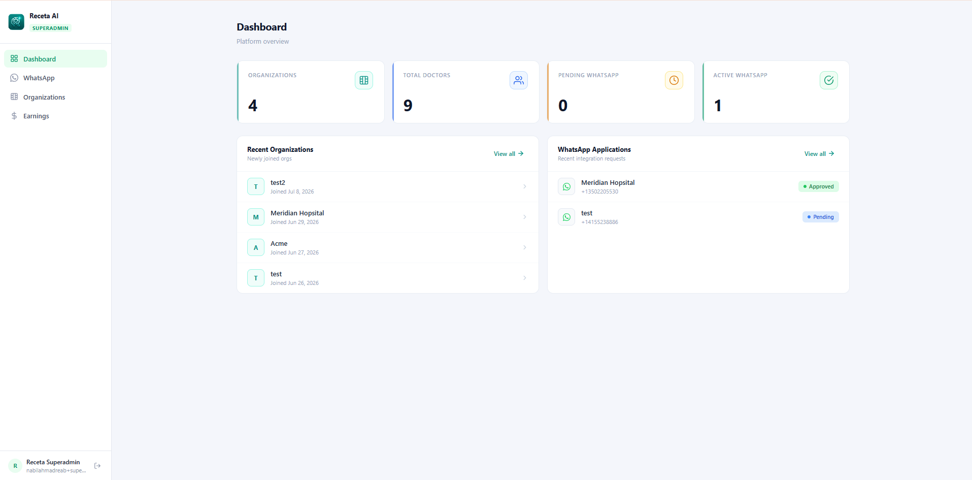 Hospital administrators can manage appointments, staff, payments, and AI configuration from one operational dashboard.