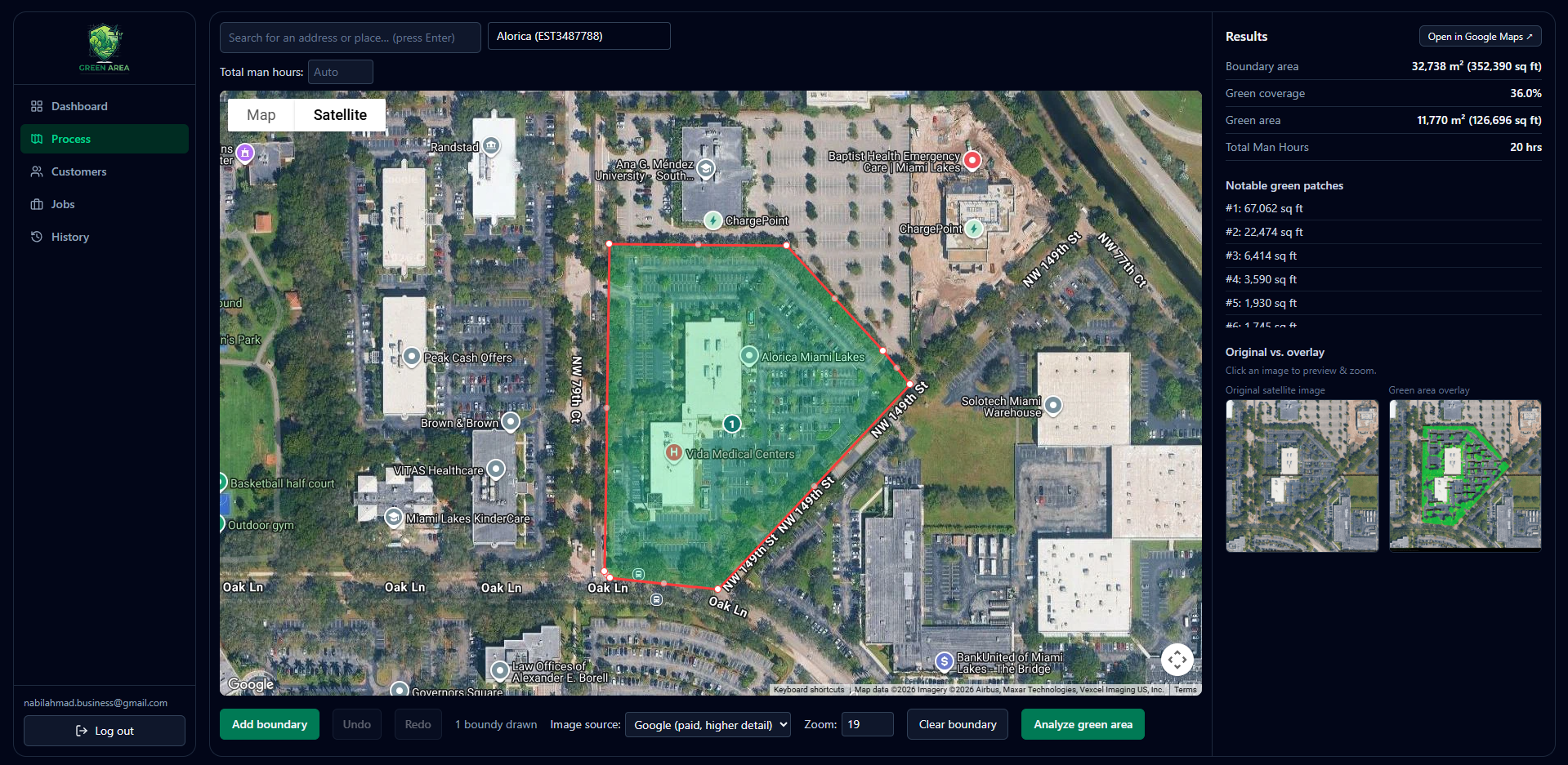 Draw property boundaries once to calculate total area, identify canopy coverage, and project labor hours automatically.