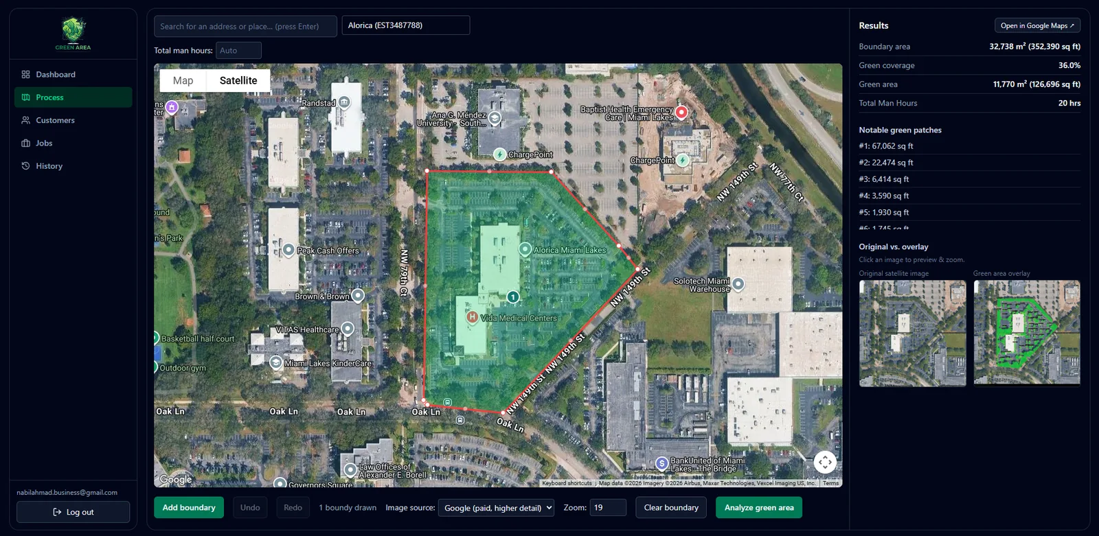 Draw property boundaries once to calculate total area, identify canopy coverage, and project labor hours automatically.